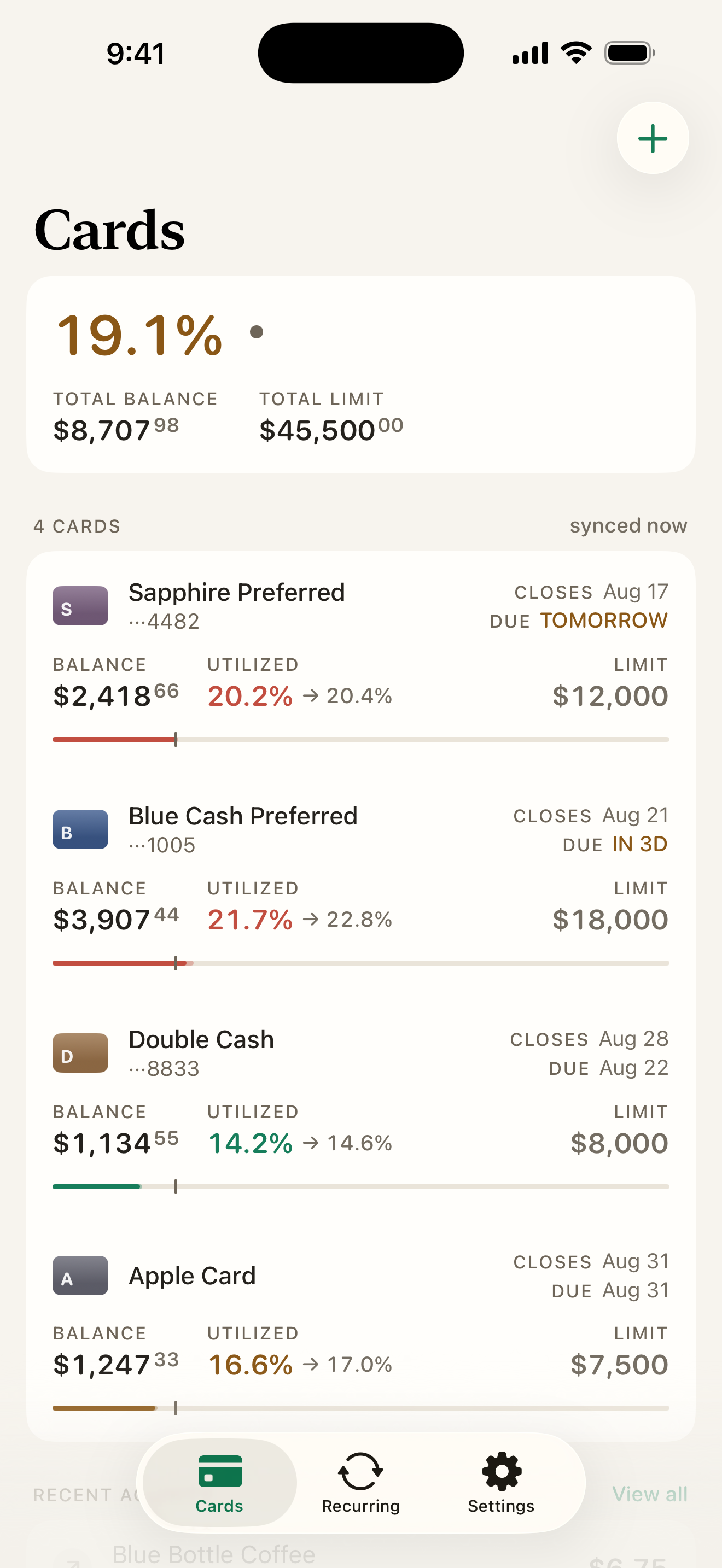 Sonar's card list: total utilization of 19.1% across four cards, each showing its balance, utilization and projected utilization at close.