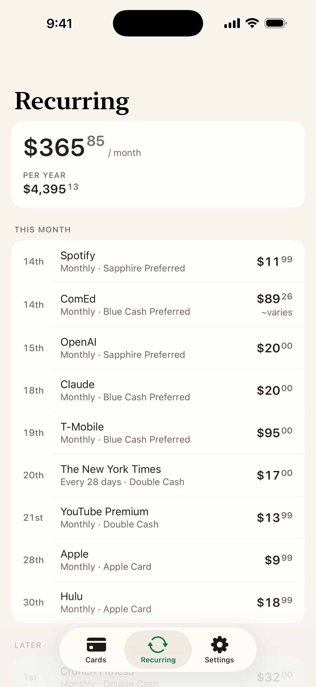 The Recurring tab: $365.85 a month in recurring charges, listed by the day each one bills and the card it bills to.
